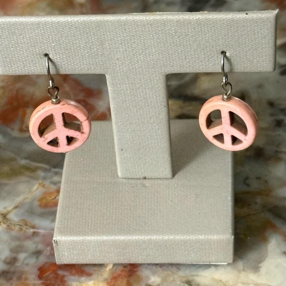 Sterling Silver Pink Howlite Peace Sign Earrings